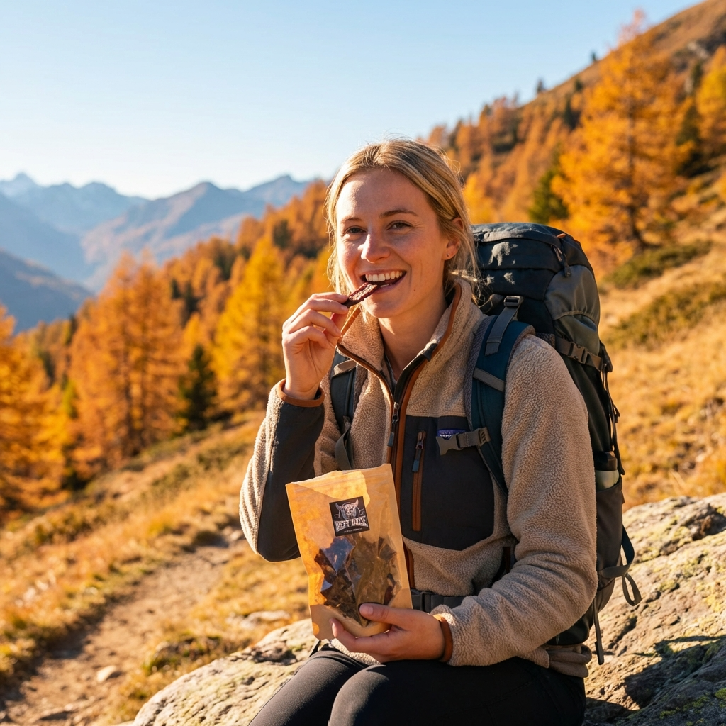 Hiker eating biltong