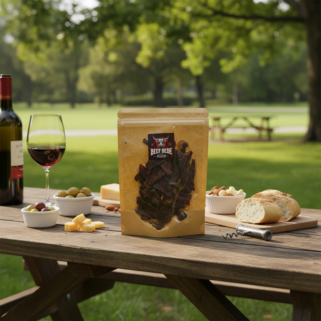 Bag of beef jerky with a 'Beef Dede' label on a white background